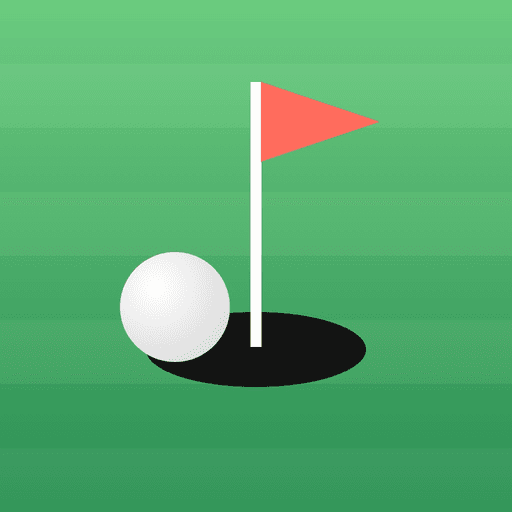 Ícone da app Mini Golf Odyssey: uma bola branca junto a um buraco com bandeira vermelha, sobre relva verde às riscas