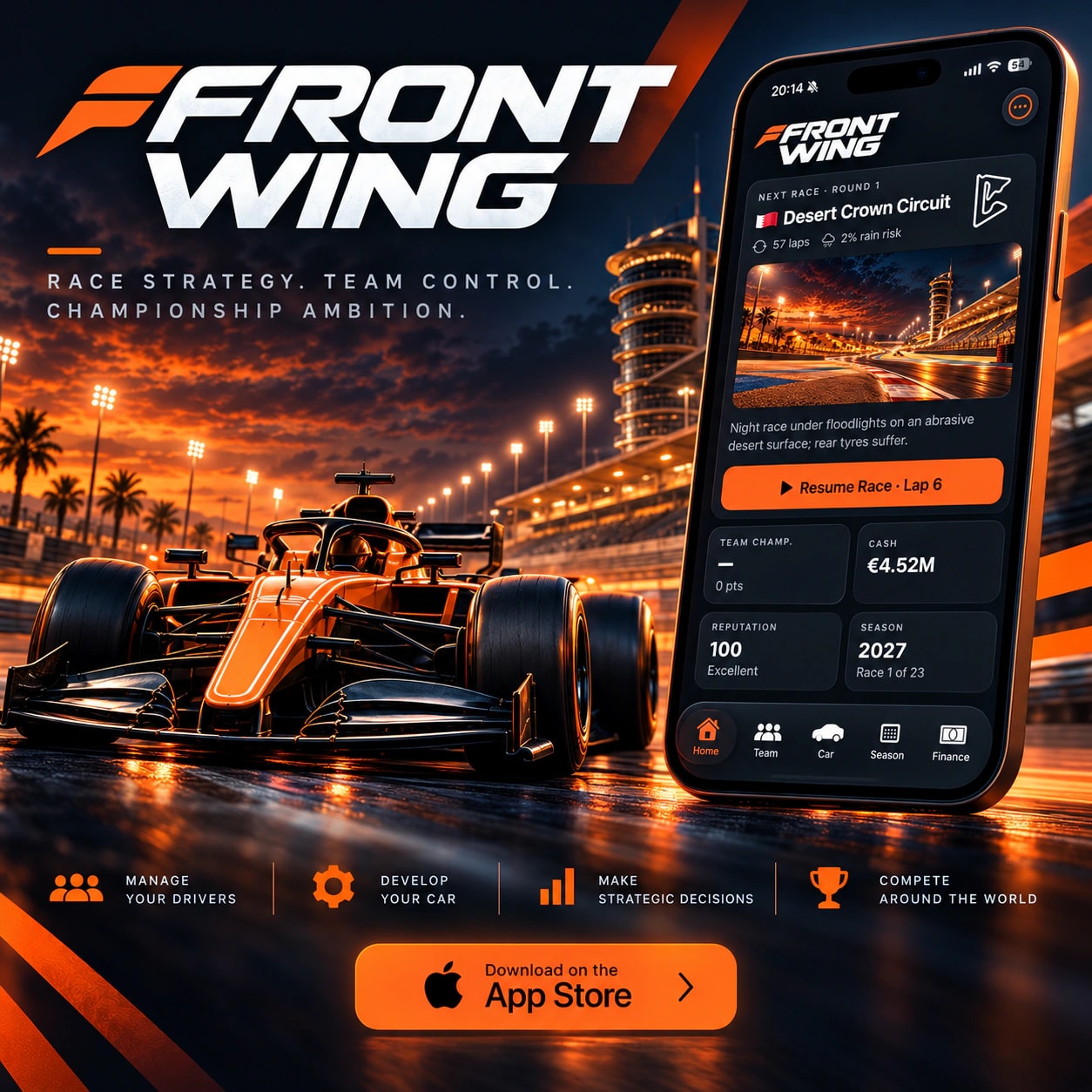 Front Wing promotional image: an orange single-seater at a floodlit desert circuit beside an iPhone showing the game’s home screen