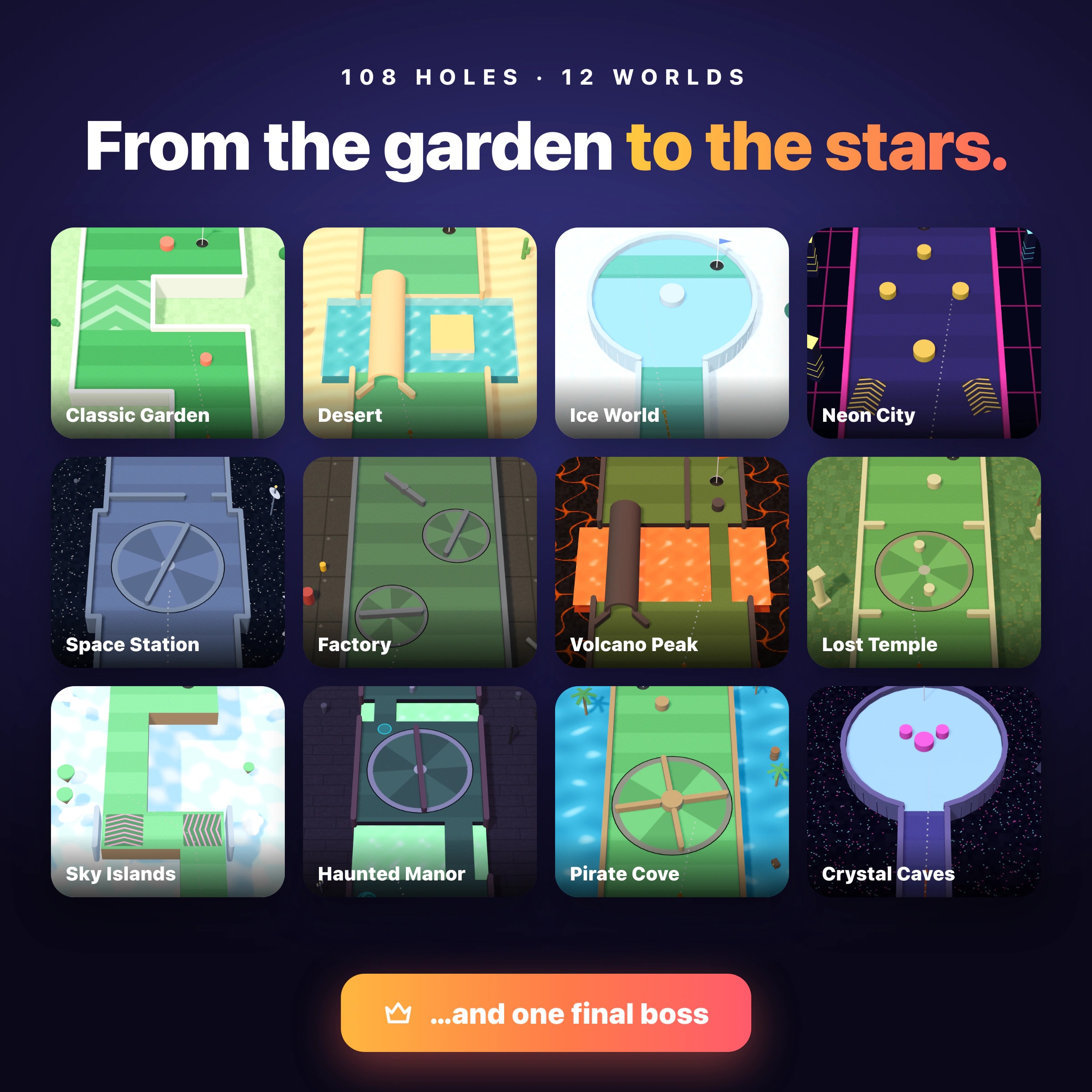 Mini Golf Odyssey promotional image: twelve courses, one from each world, under the line “From the garden to the stars.”